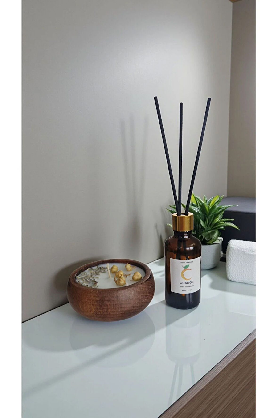 Portakal Mum&Koku Set-Ahşap Lavanta Üzerlik Pamuk Fitil Bambu Oda Kokusu (50 ml)