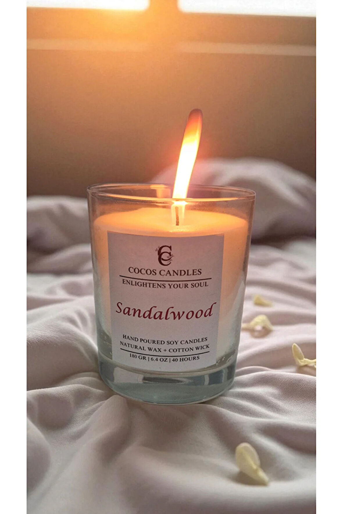 Cam Bardakta %100 Doğal Sandal Kokulu Aromaterapi Soya Mum – El Yapımı, 180 gr, 40 Saat