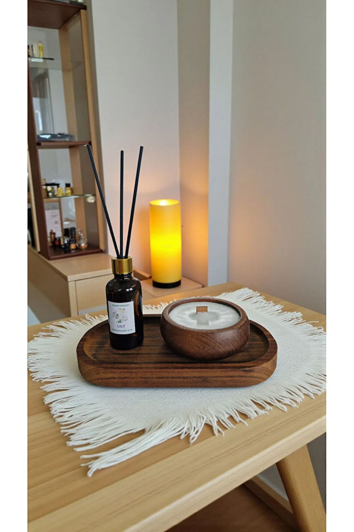 Sandal Mum&Koku Set-Ahşap Tabak Ahşap Fitil Bambu Oda Kokusu (50 ml)