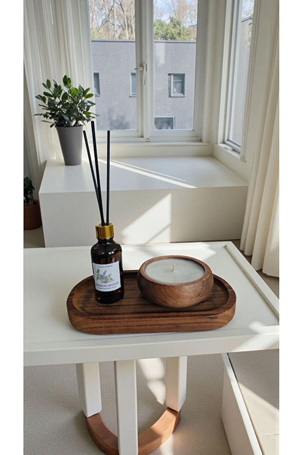 Sandal Mum&Koku Set-Ahşap Tabak Pamuk Fitil Bambu Oda Kokusu (50 ml)