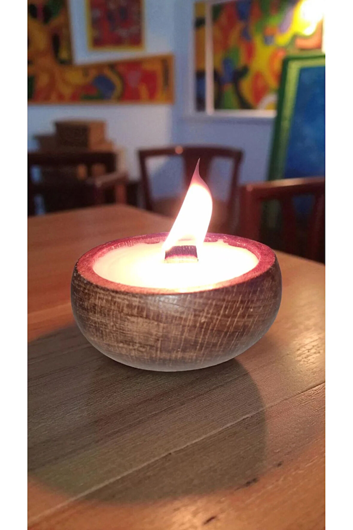 Vanilya Kokulu Doğal Soya Wax Mum – Çıra Fitilli, Ahşap Kase (9x4 cm)