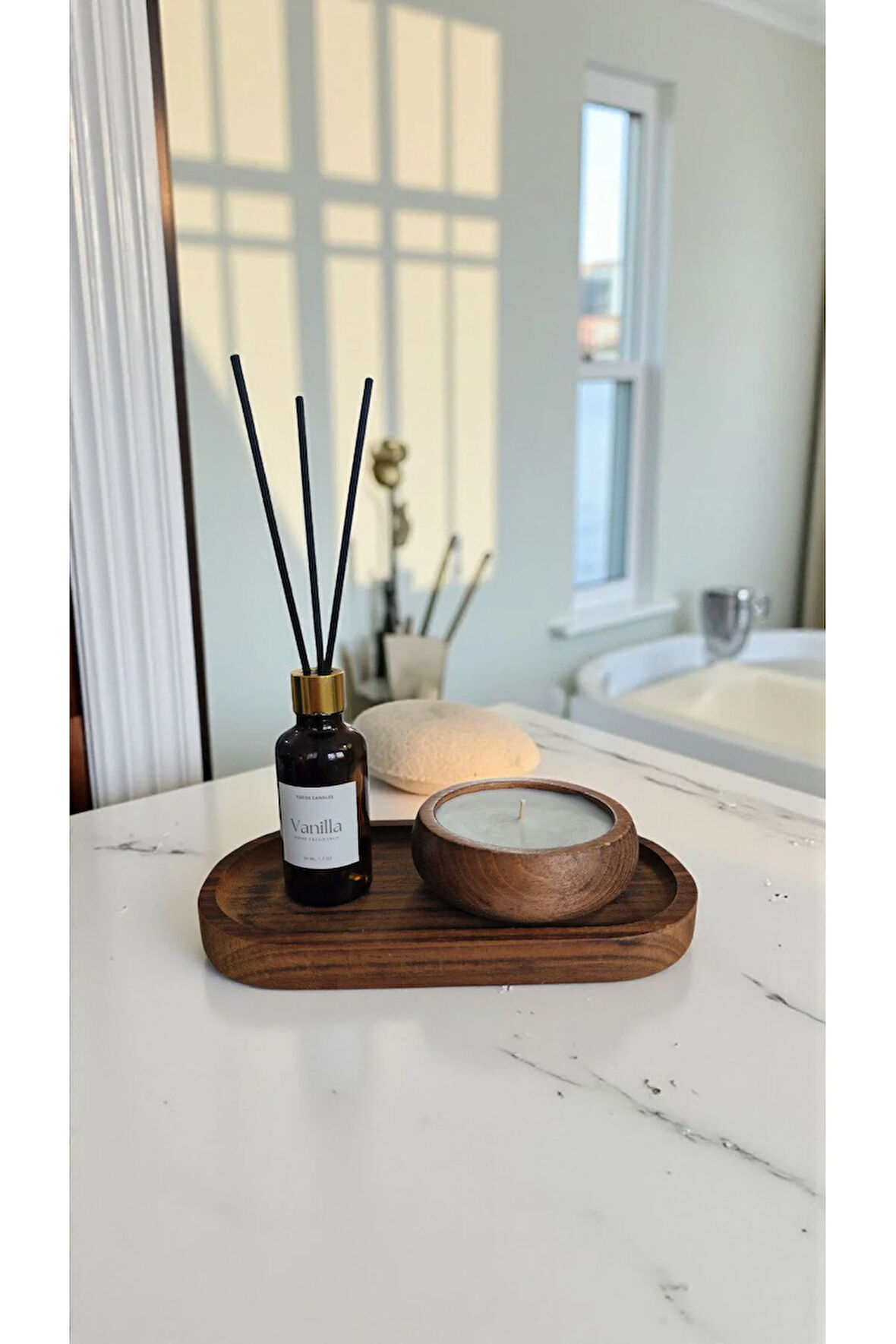 Vanilya Mum&Koku Set-Ahşap Tabak Pamuk Fitil Bambu Oda Kokusu (50 ml)