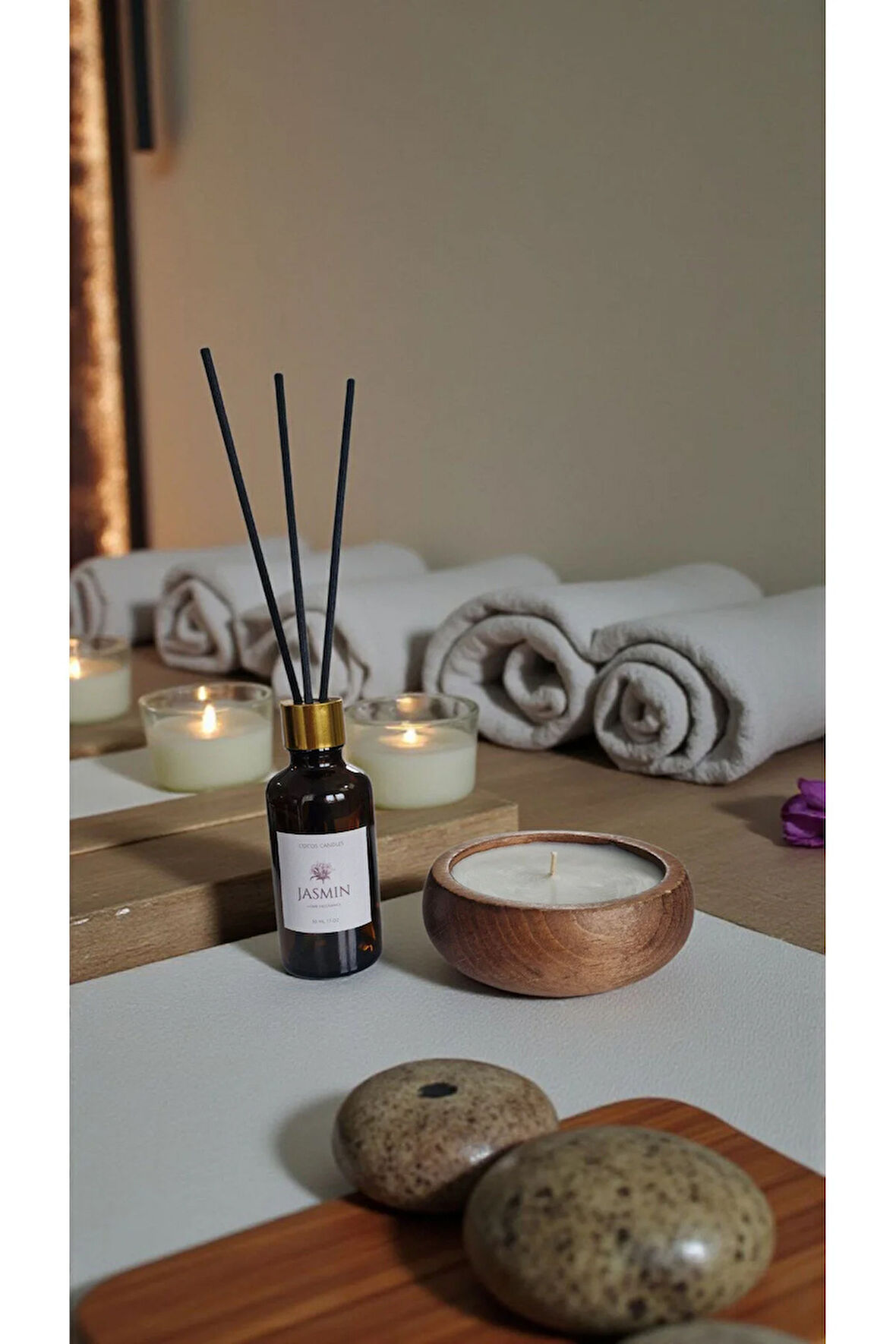 Yasemin Mum&Koku Set-Ahşap Pamuk Fitil Bambu Oda Kokusu (50 ml)