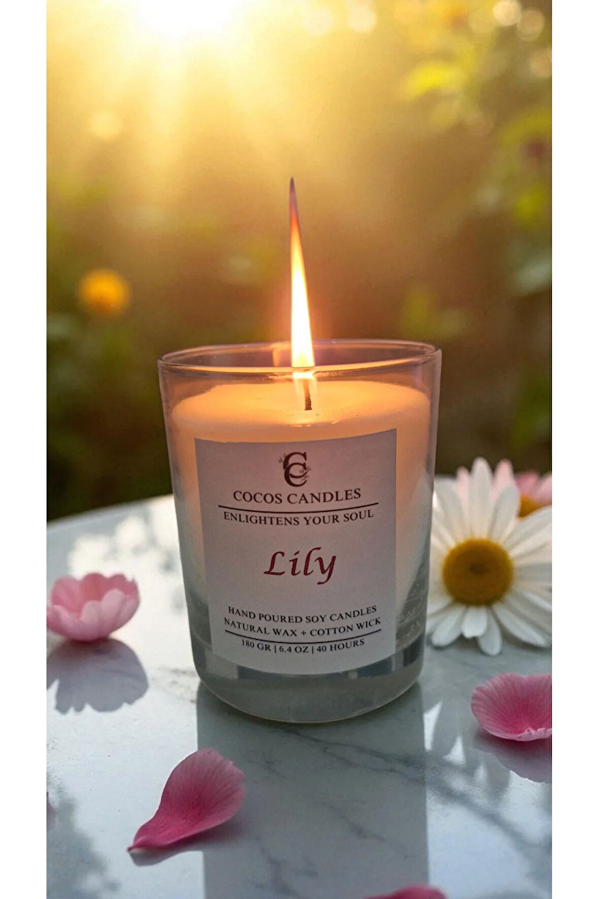 Cam Bardakta %100 Doğal Zambak Kokulu Aromaterapi Soya Mum – El Yapımı, 180 gr, 40 Saat