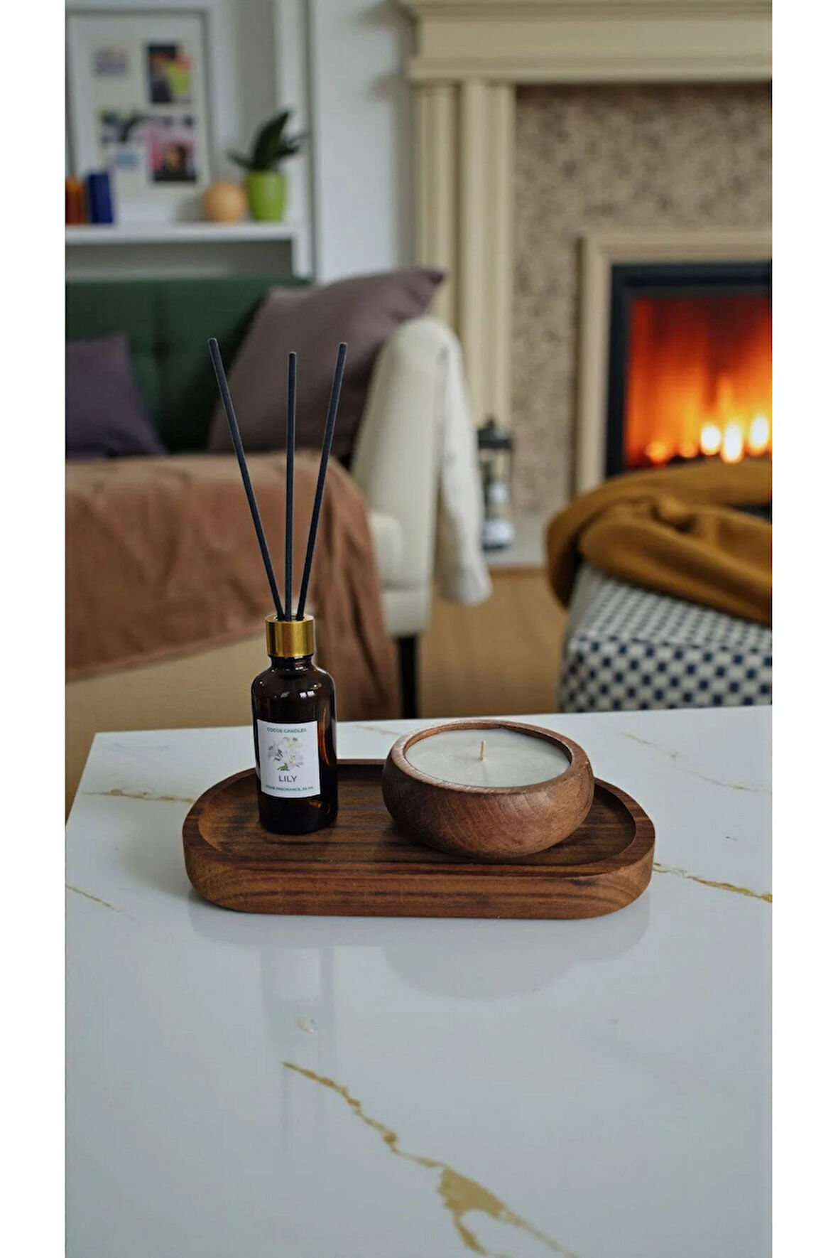 Zambak Mum&Koku Set-Ahşap Tabak Pamuk Fitil Bambu Oda Kokusu (50 ml)