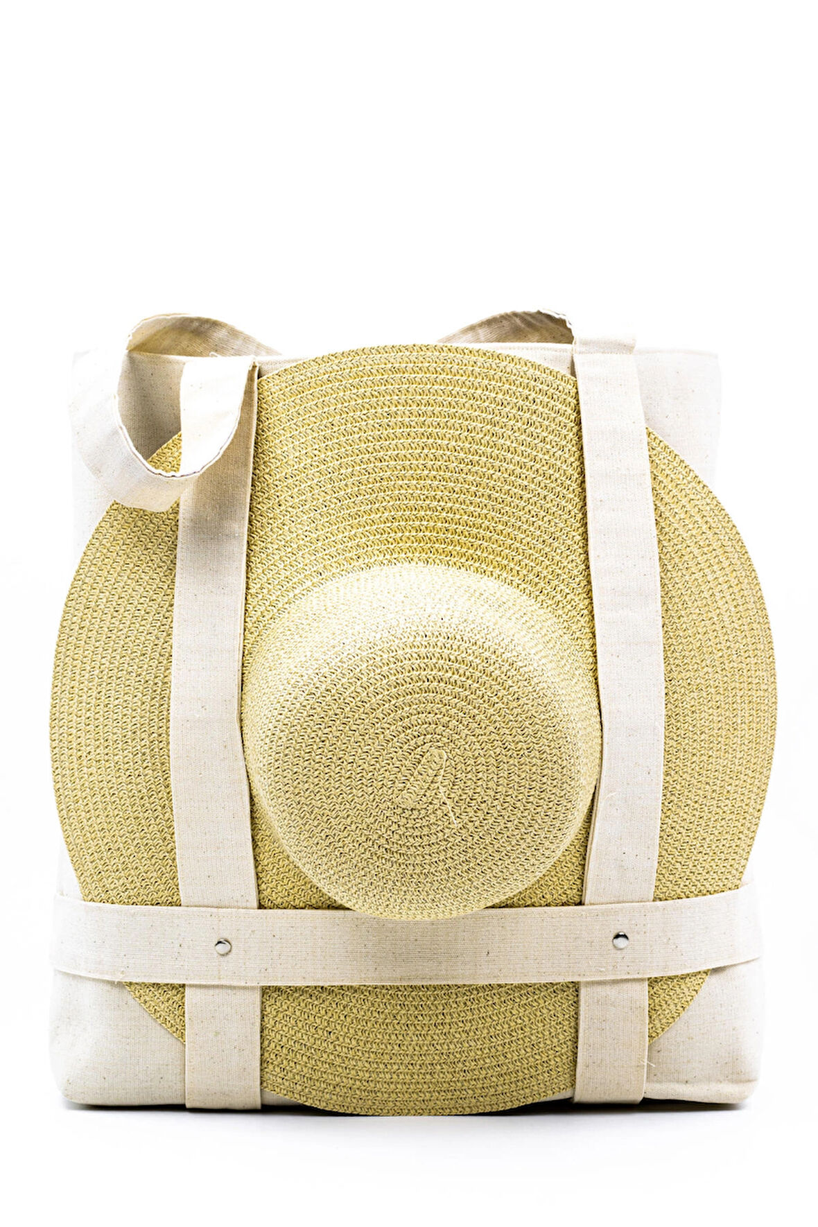 Krem Kanvas Şapka Askılı Plaj Çantası