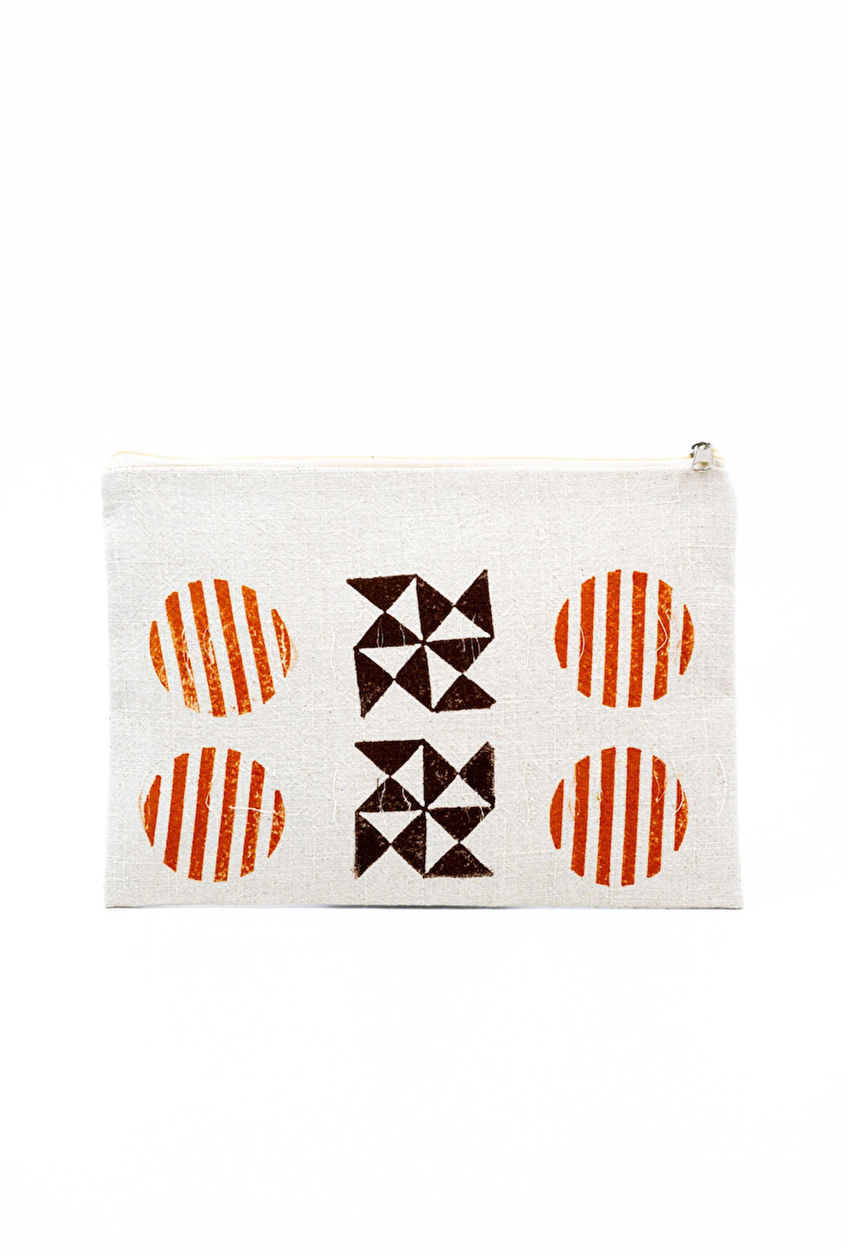 Bej Keten Geometrik Desenli El Çantası