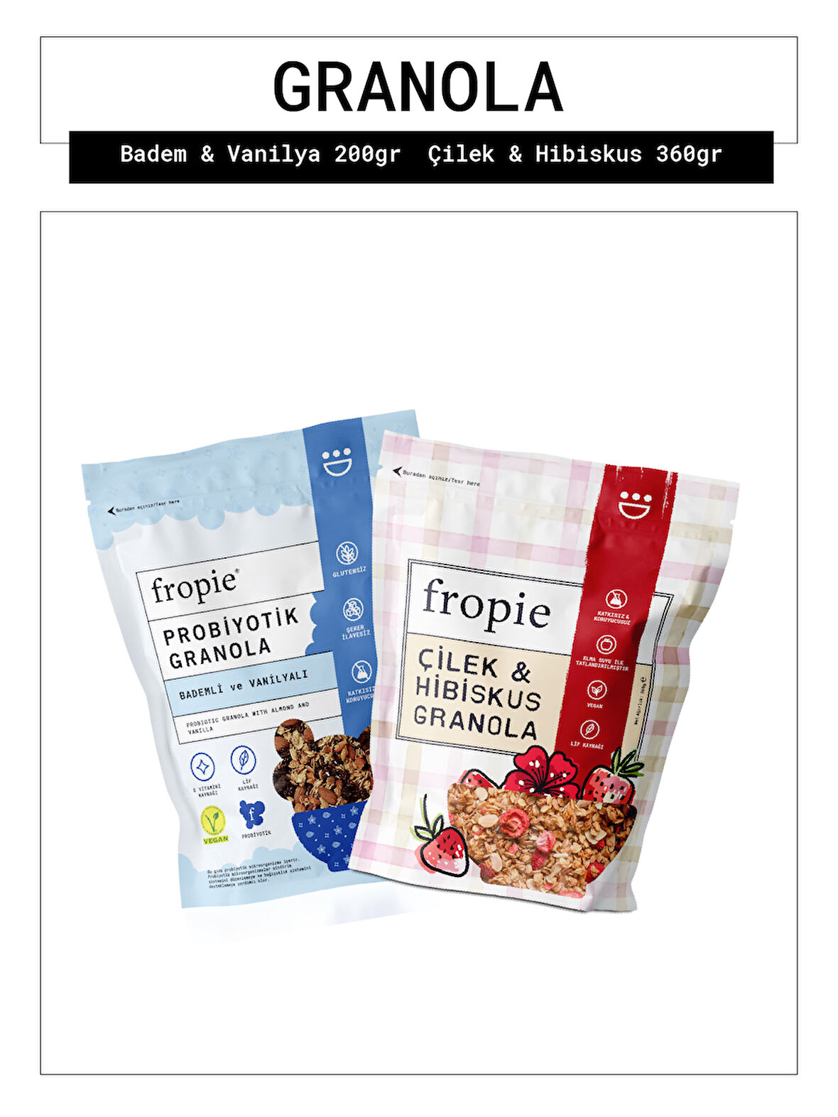 Fropie Badem Vanilya ve Çilek Hibiskus Granola Paketi x2