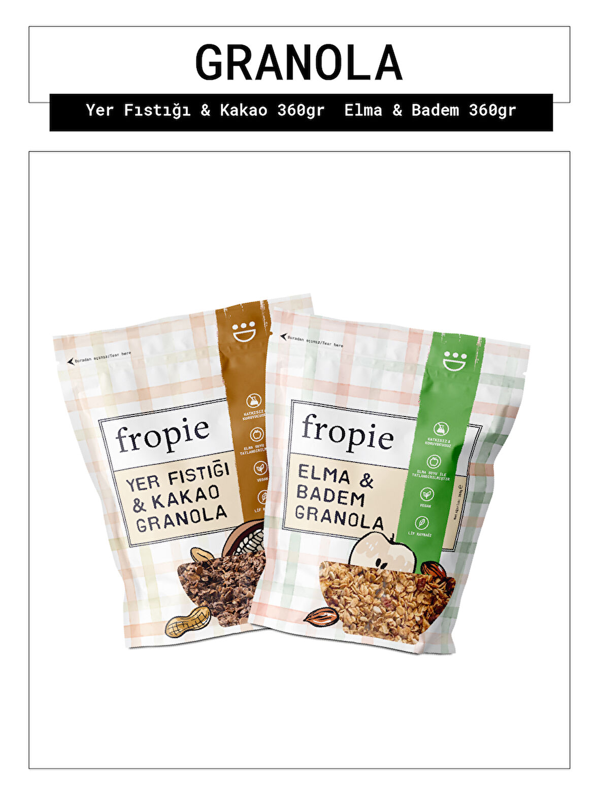 Fropie Yer Fıstığı Kakao ve Elma Badem Granola Paketi x2