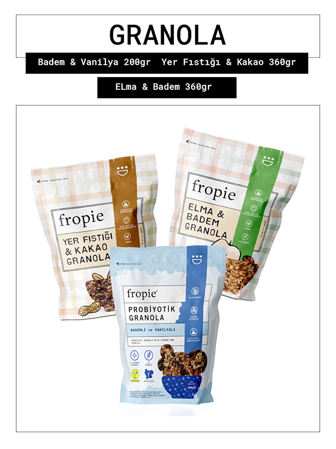 Fropie Badem & Vanilya - Yer Fıstığı & Kakao - Elma & Badem Granola 360g 3’lü Set