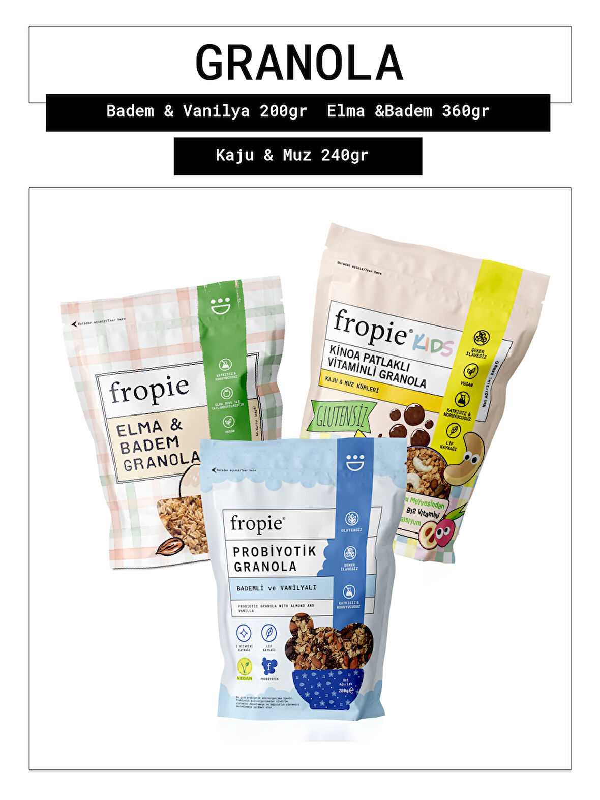 Fropie Probiyotik Badem & Vanilya - Elma & Badem - Kids Kaju & Muz Küpleri Granola 3’lü Set