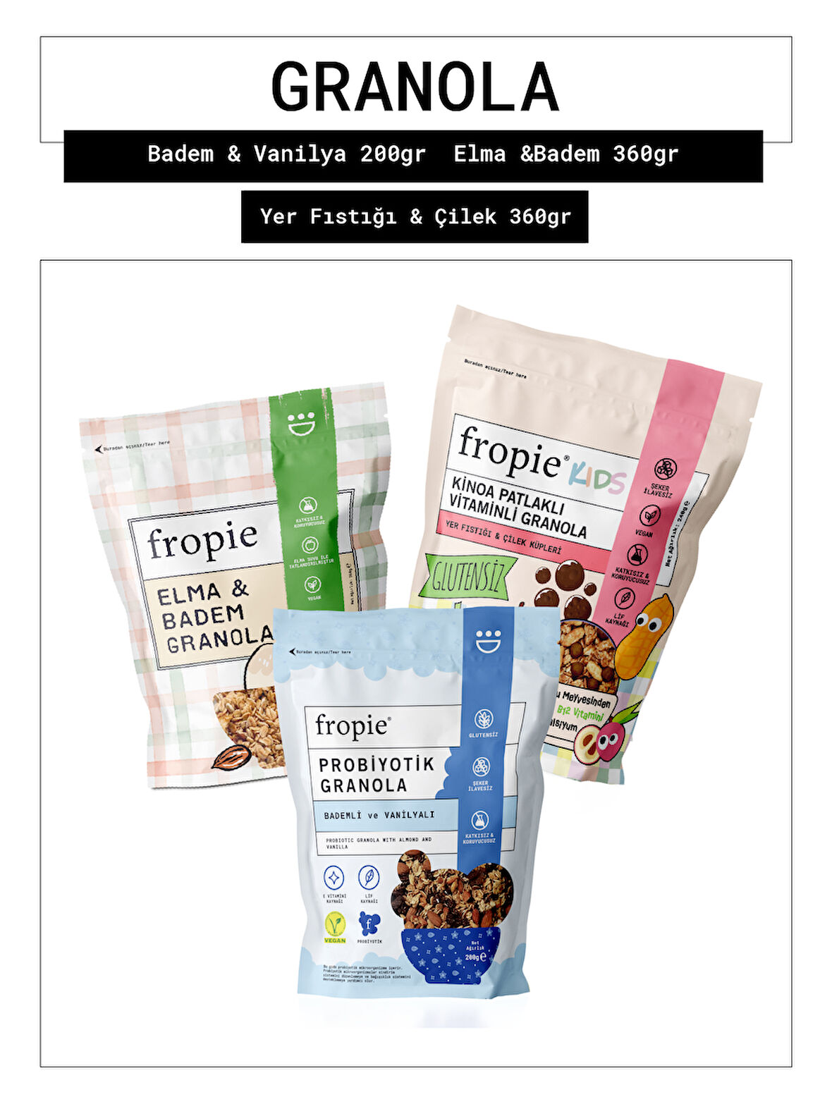 Fropie Probiyotik Badem & Vanilya - Elma & Badem - Kids Yer Fıstığı & Çilek Küpleri Granola 3’lü Set