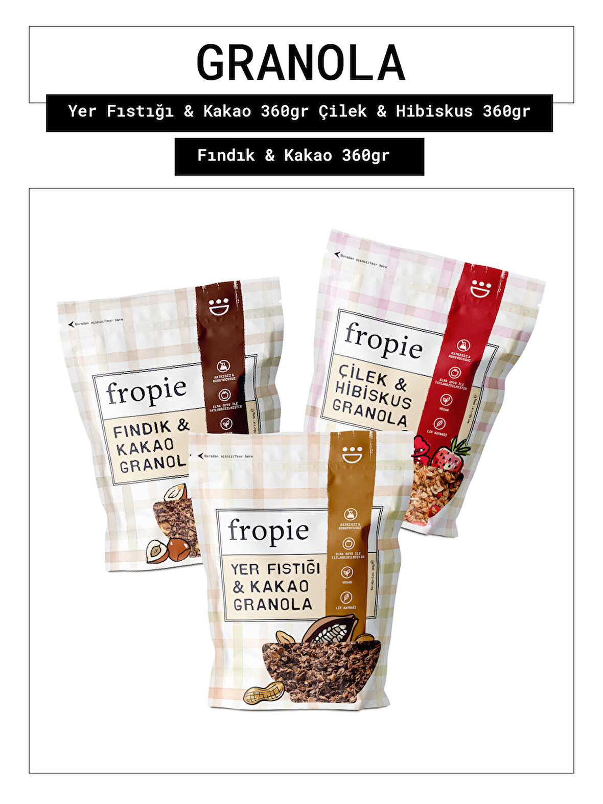 Fropie Yer fıstığı & Kakao - Çilek & Hibiskus - Fındık & Kakao Granola 3’lü Set