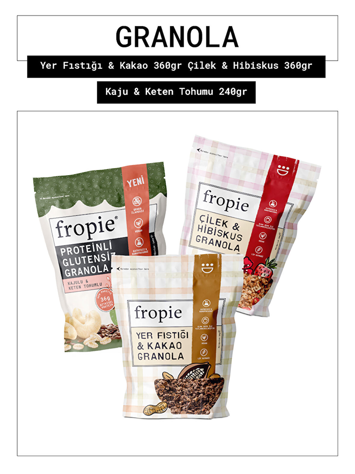 Fropie Yer fıstığı & Kakao - Çilek & Hibiskus - Glutensiz Kaju & Keten Tohumu Granola 3’lü Set