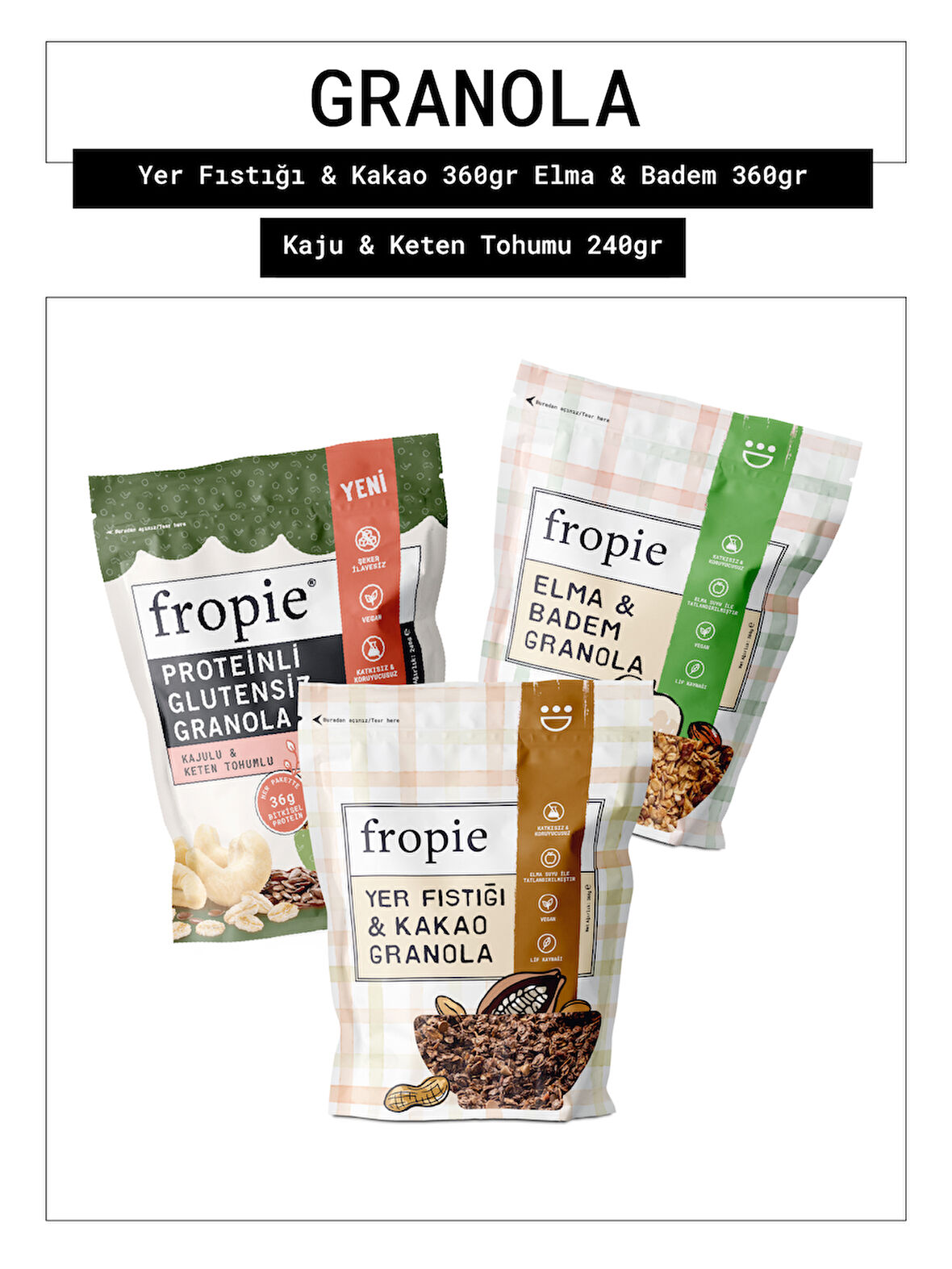 Fropie Yer fıstığı & Kakao - Elma & Badem - Glutensiz Kaju & Keten Tohumu Granola 3’lü Set