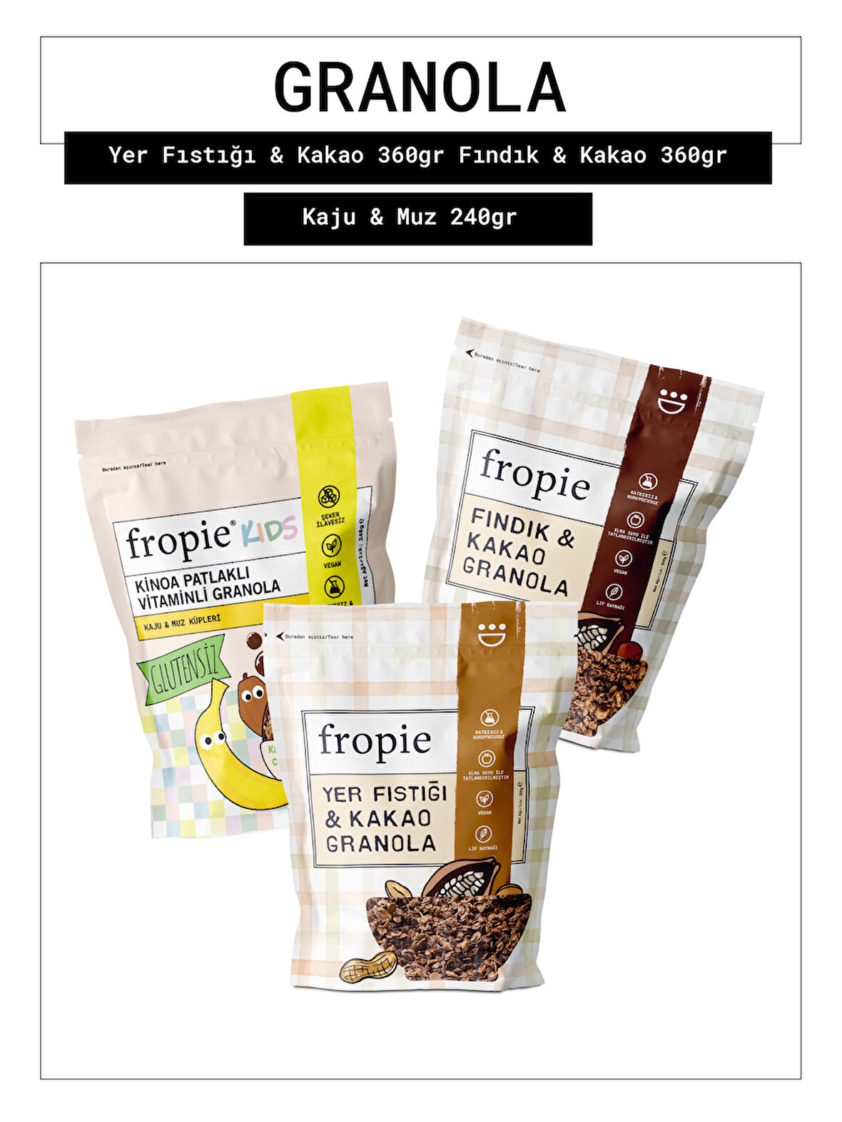 Fropie Yer fıstığı & Kakao - Fındık & Kakao - Kids Kaju & Muz Küpleri Granola 3’lü Set