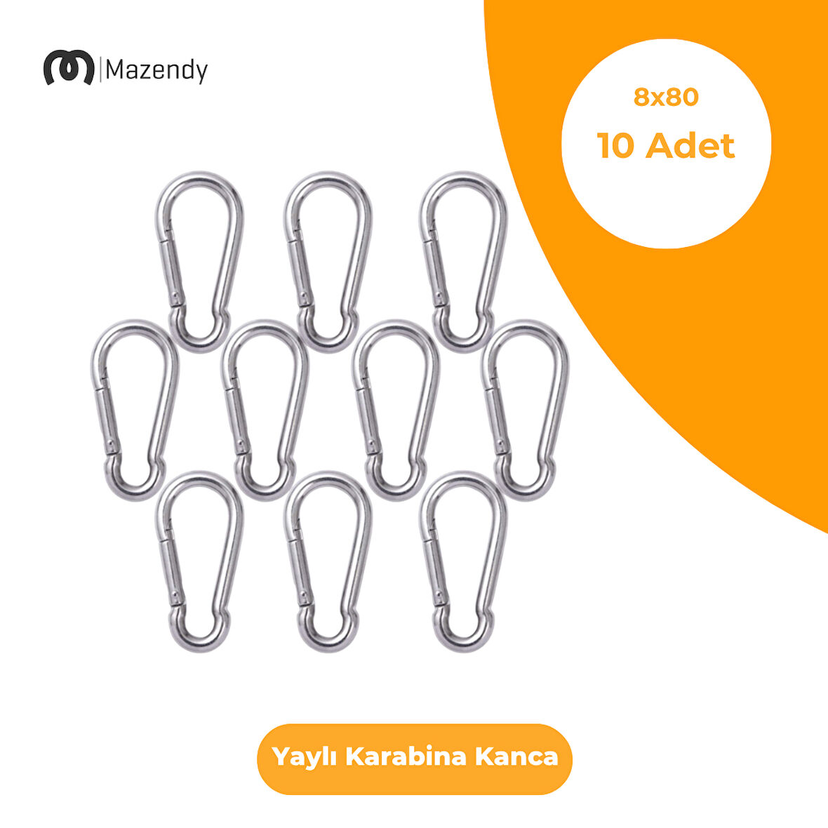 8x80 mm Düz Yaylı Karabina Kanca 10 Adet Paslanmaz Çelik Aparat
