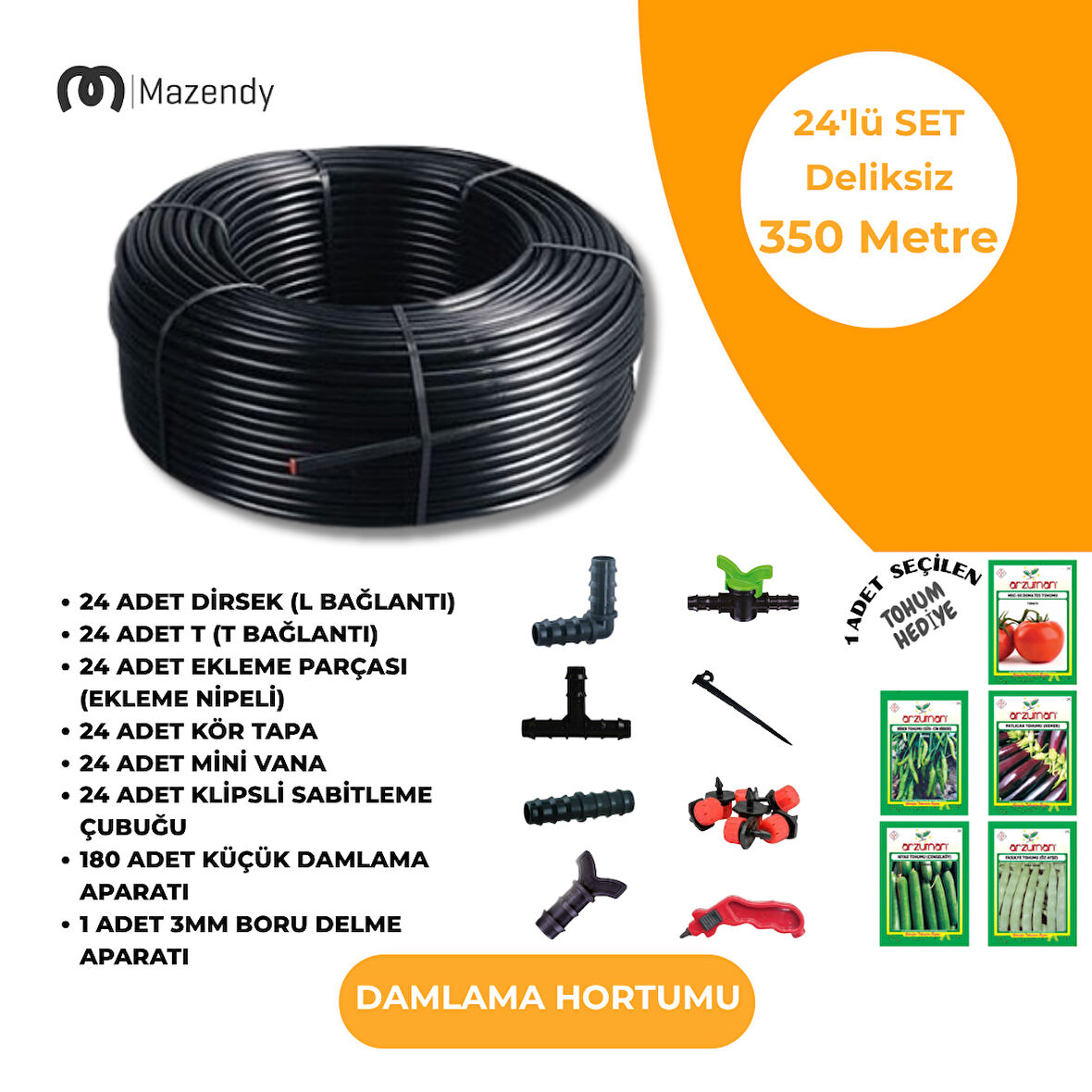 16 mm 350 Metre Deliksiz Damlama Sulama Hortumu Seti 24’li Set
