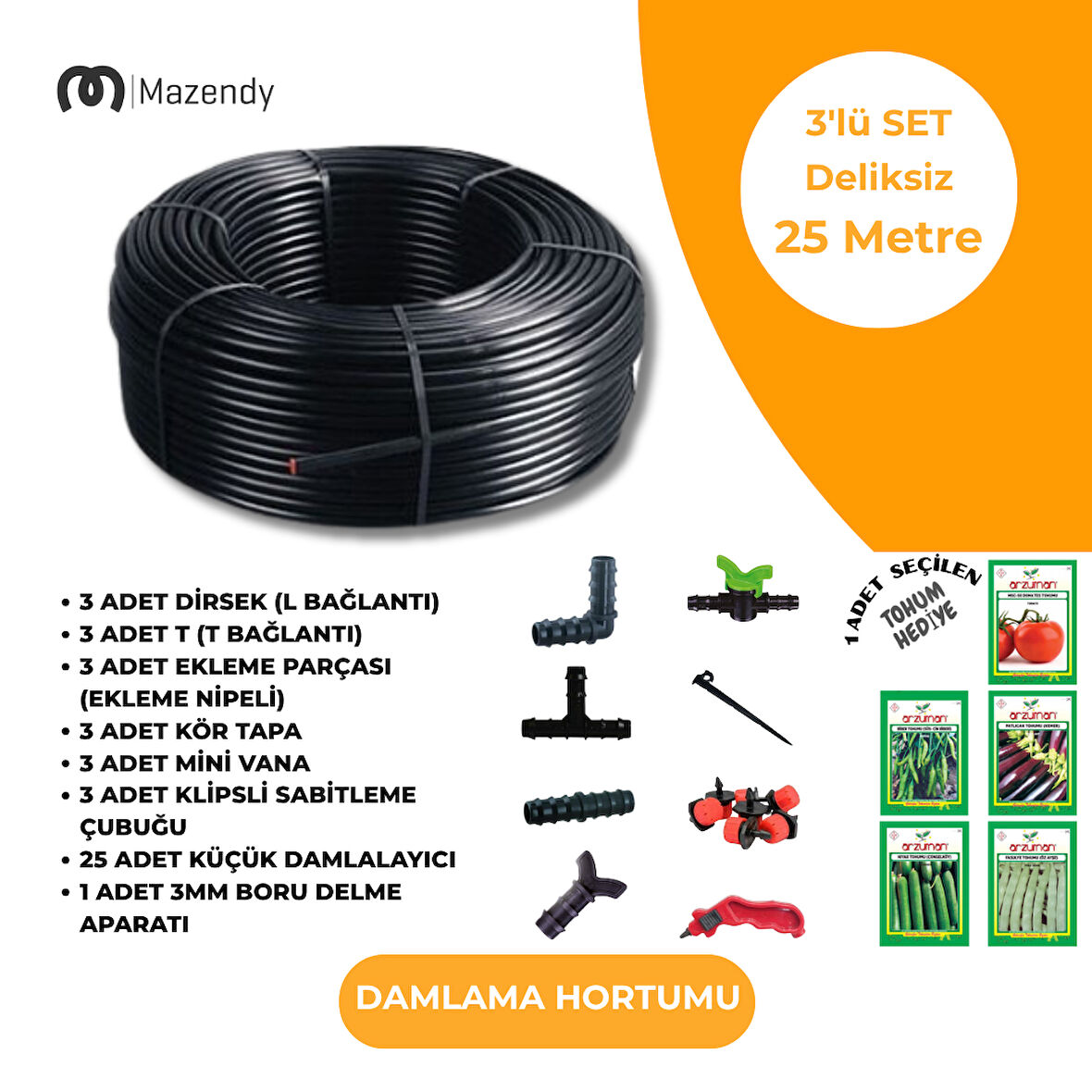 16 mm 25 Metre Deliksiz Damlama Sulama Hortumu Seti 3’li Set