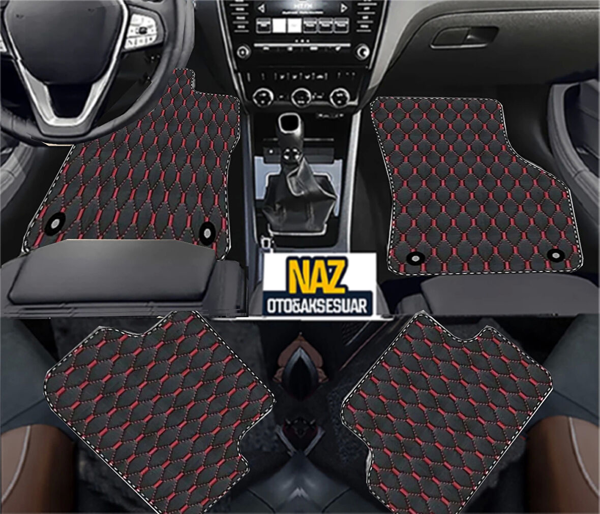 Volvo xc70-2007 Sonrası  Uyumlu Kırmızı Dikişli Siyah Deri Paspas