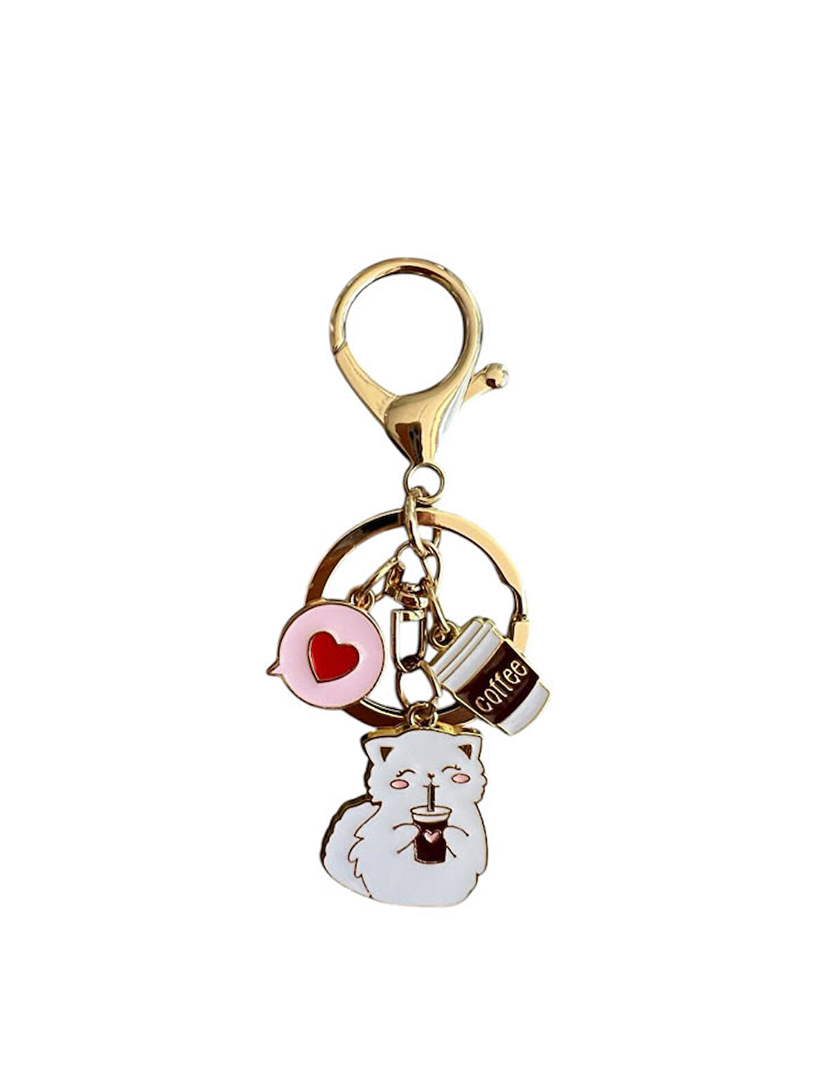 Kahveli Beyaz Kedi Metal Charm Anahtarlık