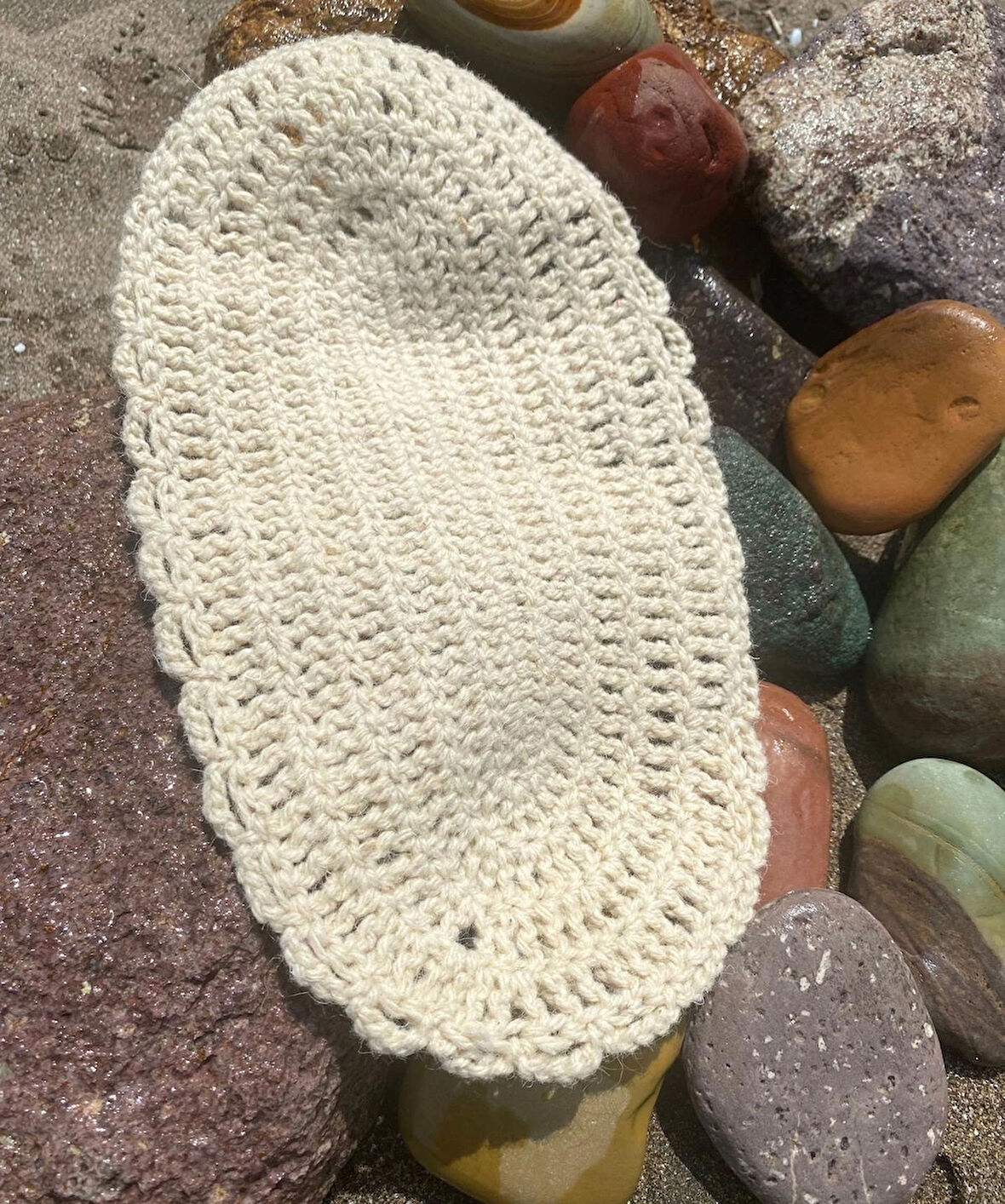 %100 Koyun Yününden El Örgüsü Banyo Lifi- Krem Desenli / Tek Kat