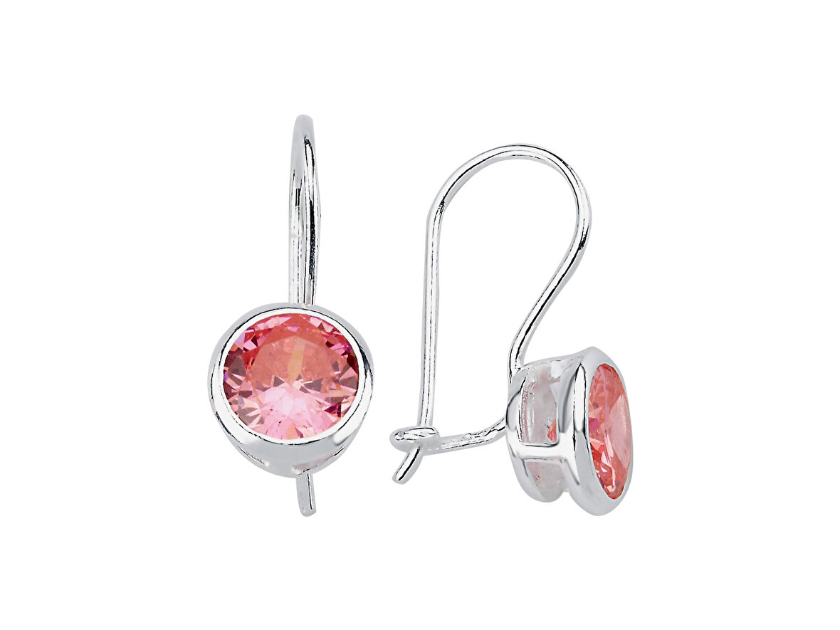 Yuvarlak Pembe Zirkon Taşlı Küpe
