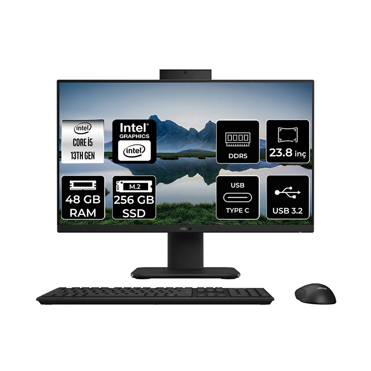 Asus V440 Intel Core i5 13420H 48GB 256GB SSD 23.8" FHD FDOS All in One Bilgisayar Siyah & USB Bellek