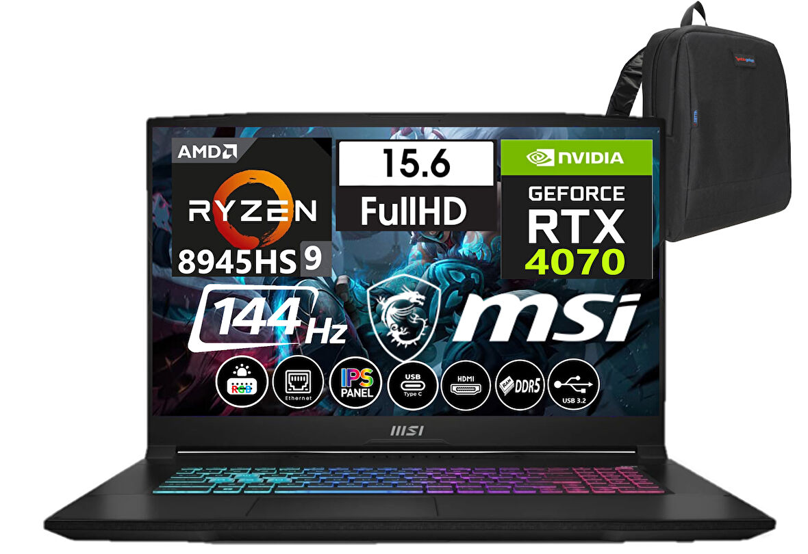 Msı Katana A15 Aı Amd Ryzen 9 8945HS 64GB Ddr5 512GB SSD 8GB/RTX4070 Freedos 15.6" 144 Hz Fhd IPS Taşınabilir Bilgisayar B8VG-434XTRW13+WEBLEGELSINÇANTA