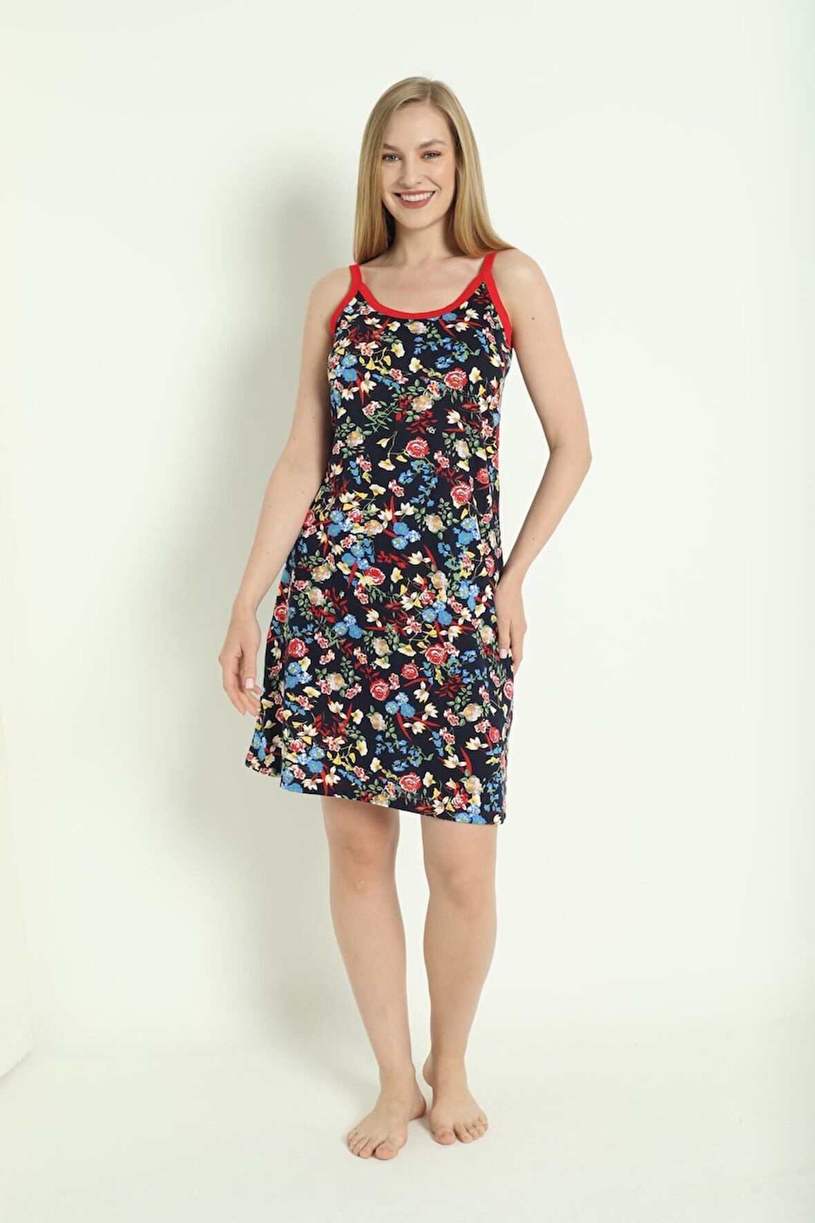 Kadın Desenli Askılı %100 Pamuk Elbise