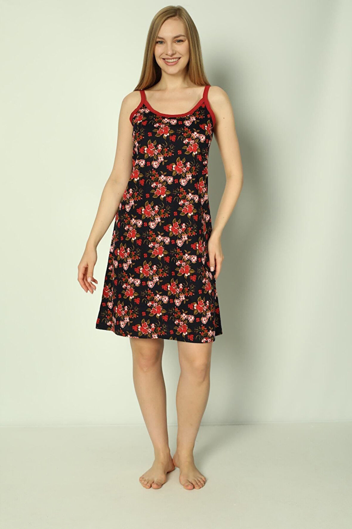 Desenli Biyeli %100 Pamuk Askılı Elbise