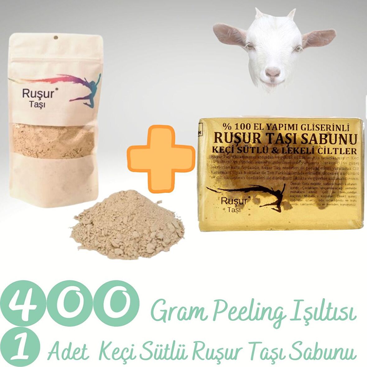 400 Gr Peeling Işıltısı ( +-%10)+ KEÇİ SÜTLÜ RUŞUR SABUNU  Doypack