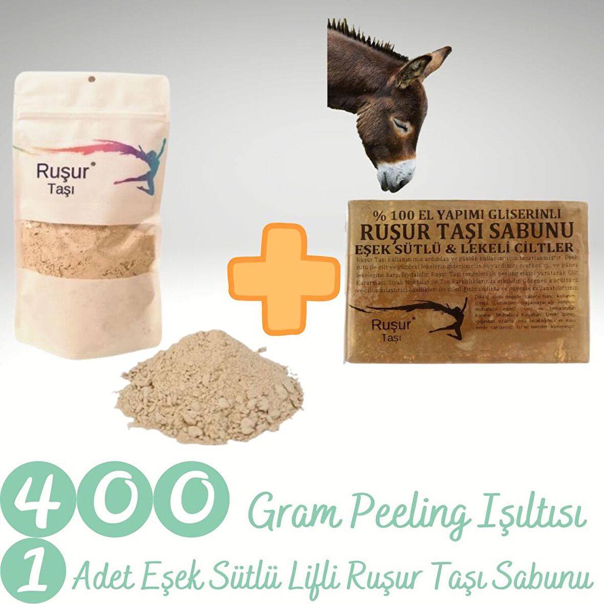 400 Gr Peeling Işıltısı ( +-%10) + Eşek Sütlü Lifli  Ruşur Taşı Sabunu Doypack