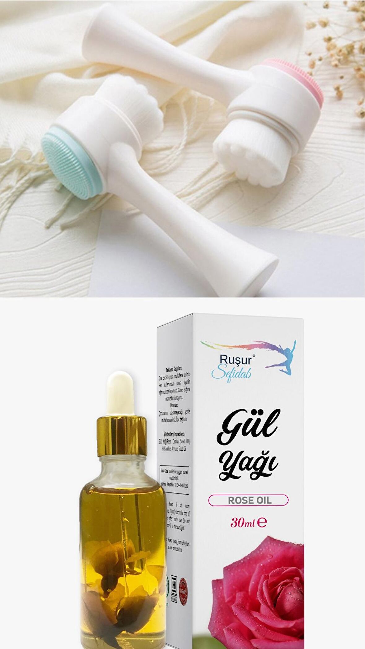 1 ADET GÜL YAĞI VE + Cilt Temizleme Fırçası Çift Taraflı