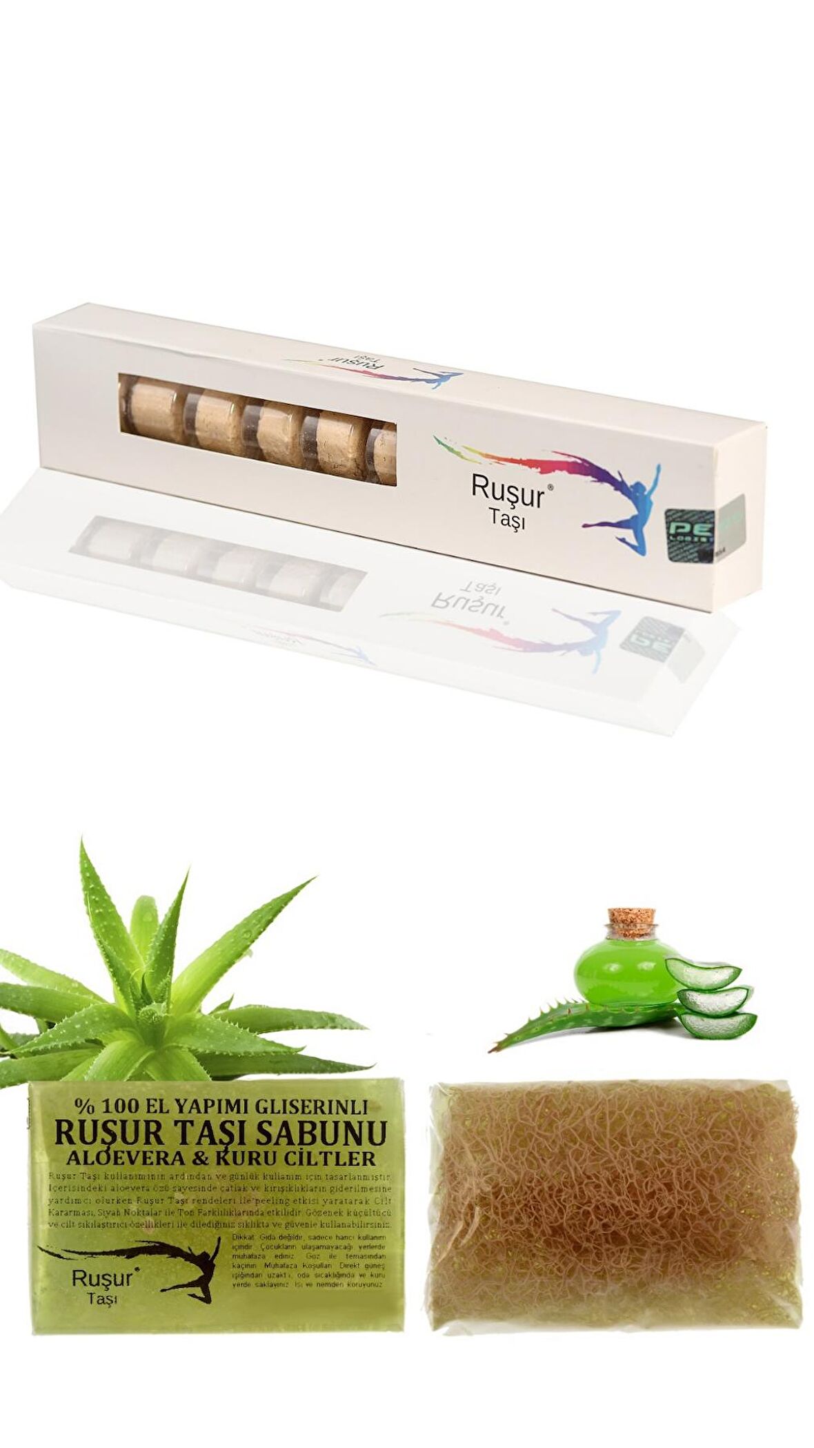 1 KUTU RUŞUR TAŞI VE RUŞUR TAŞI SABUNU ALOEVERA ÖZLÜ LİFLİ %100 EL YAPIMI