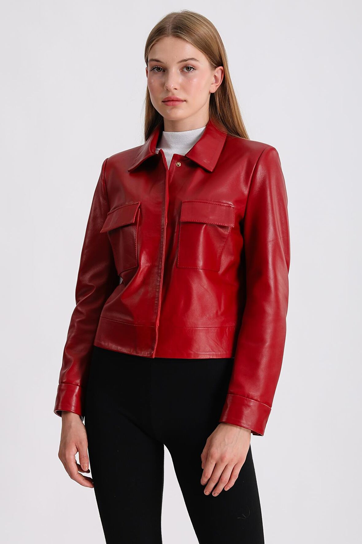 Gömlek Yaka Deri Mont