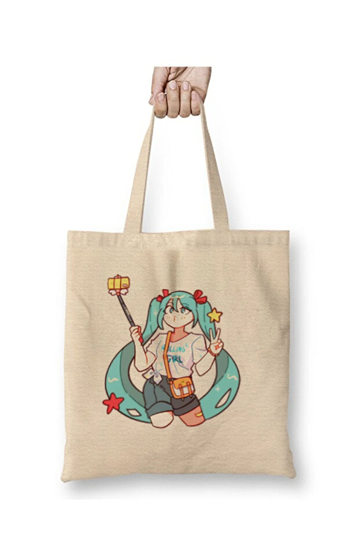 Hatsune Miku Beyaz Bez Çanta Uzun Saplı Alışveriş Çantası Plaj Çantası