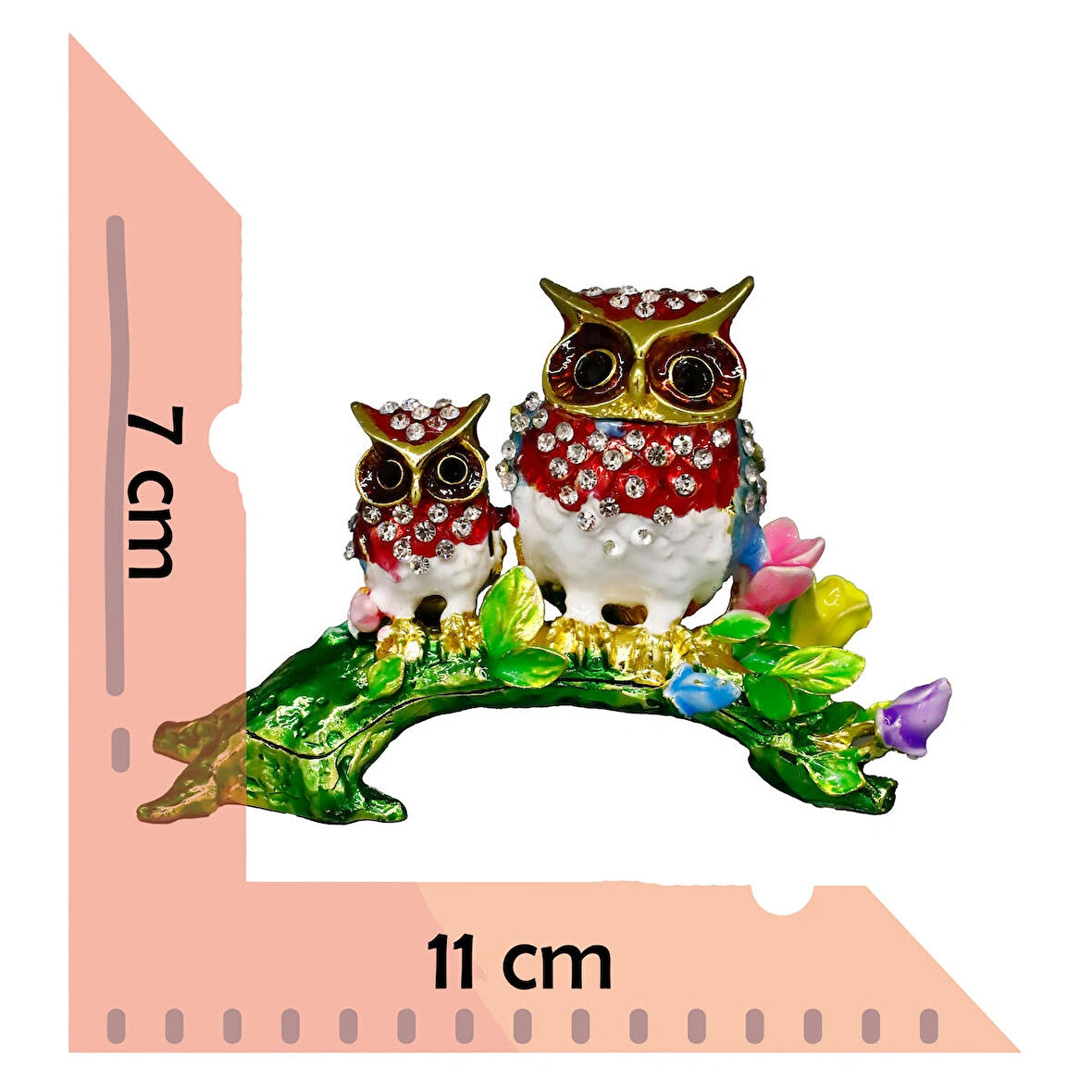 Dekoratif Anne ve Yavru Baykuş Figürü – Kristal Taşlı Metal Obje