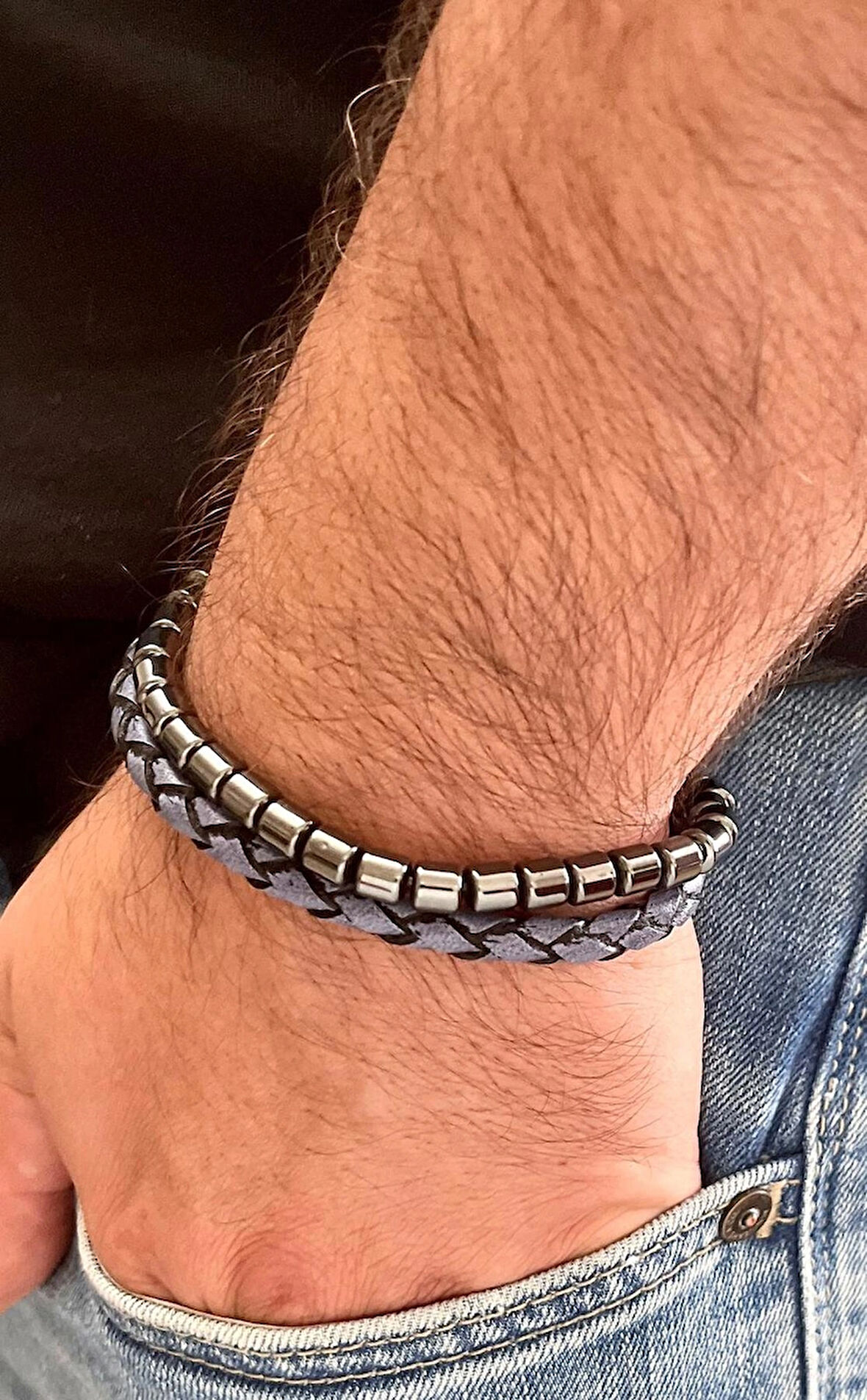 %100 Deri&Hematit Kombin Erkek Bileklik NET 22cm (Türk El Üretimi)