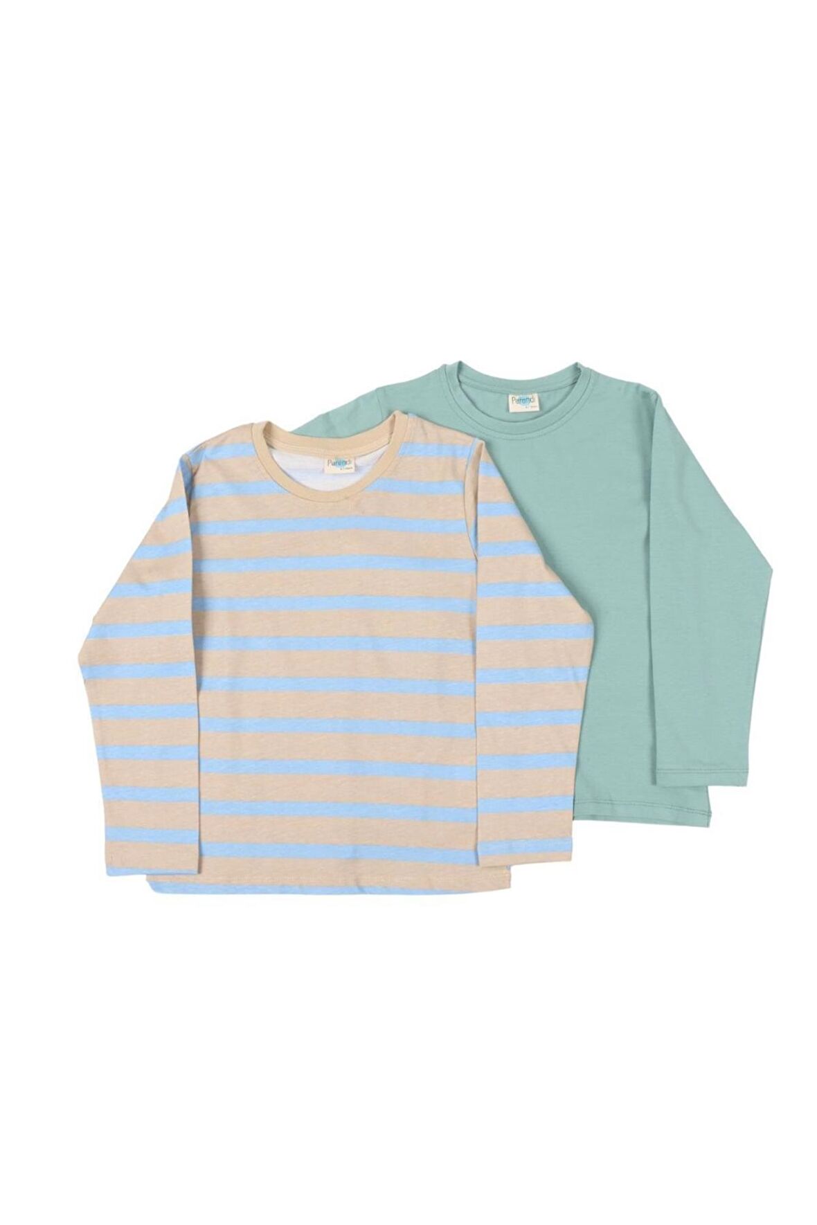2'li Bisiklet Yaka Uzun Kollu Çizgili Ve Düz Unisex Çocuk Sweatshirt Açık Mavi-Bej