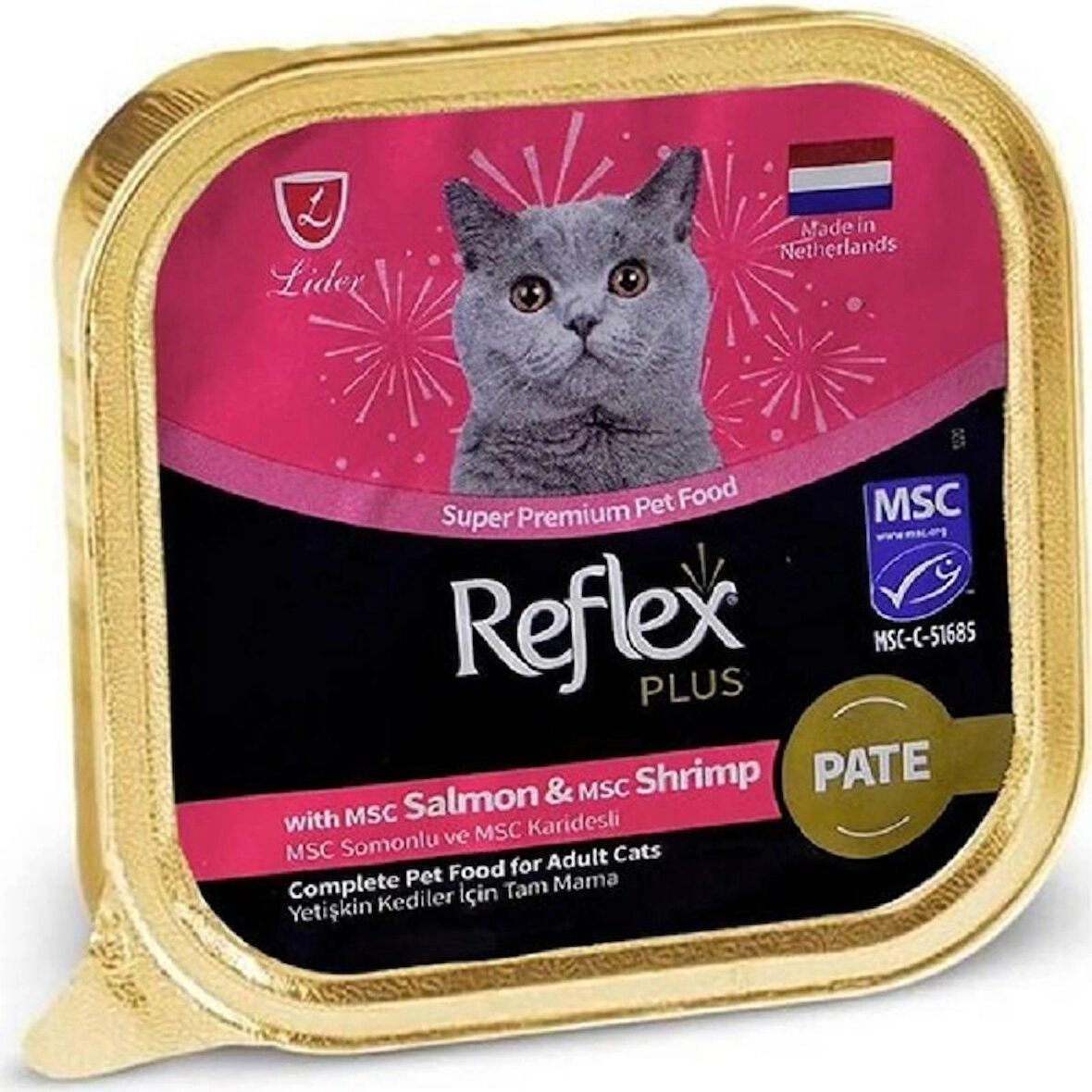 Reflex PLUS PATE MSC SOMONLU VE MSC KARİDESLİ YETİŞKİN KEDİ MAMASI 85 G
