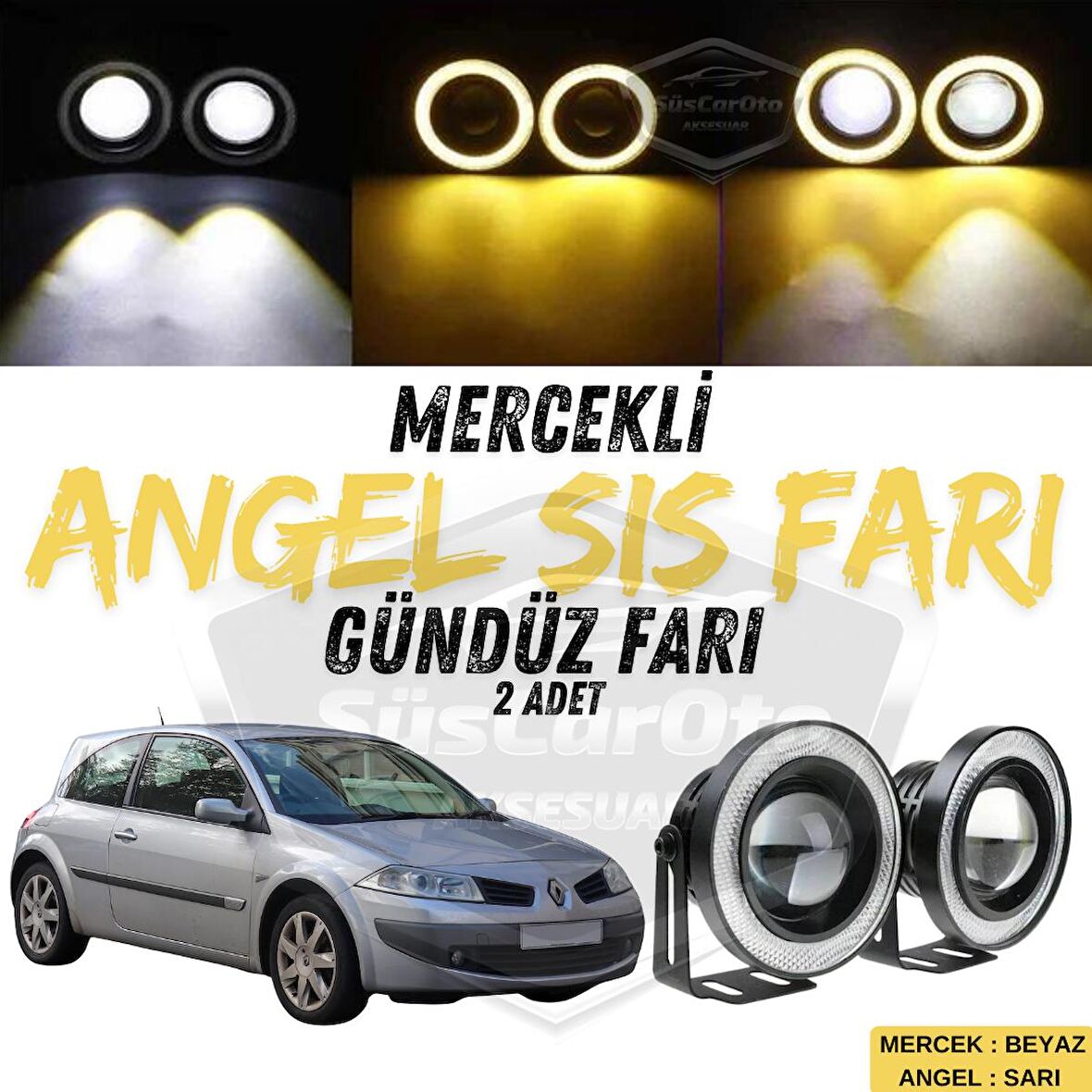 Renault Megane 2 2003-2008 Uyumlu Üniversal Mercekli Angel Sis Farı Metal Su Geçirmez 76 mm Sarı Halkalı Gündüz Farı Angel Eyes 2 Adet