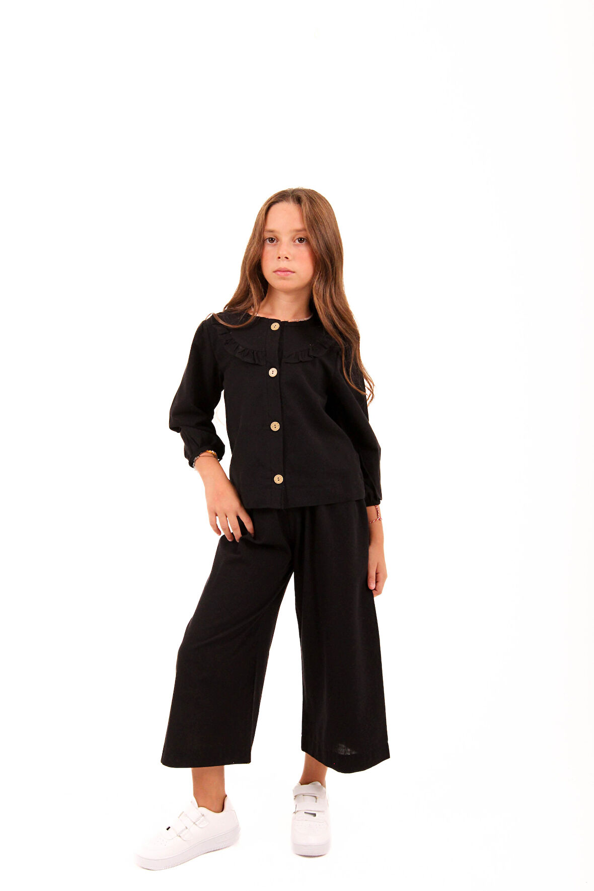 Bol Paça Mevsimlik Kız Çocuk Keten Takım Siyah