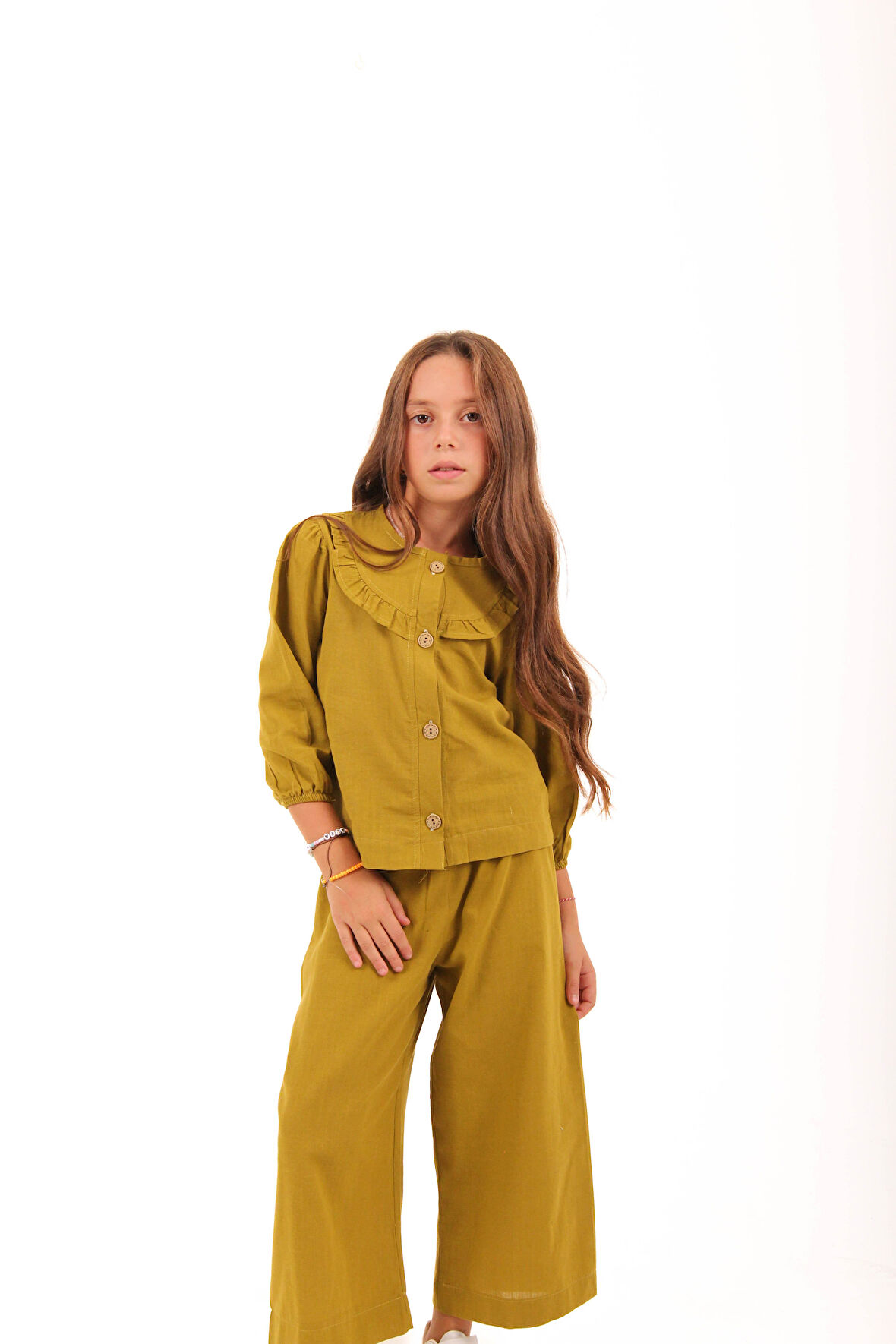 Bol Paça Mevsimlik Kız Çocuk Keten Takım Yeşil