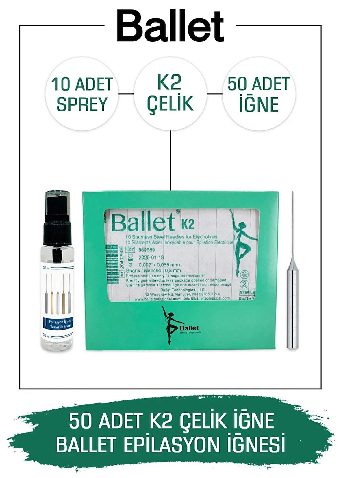 Ballet 50 Adet K2 Gümüş Epilasyon İğnesi Orijinal Ballet K2 Çelik İğne 20402506