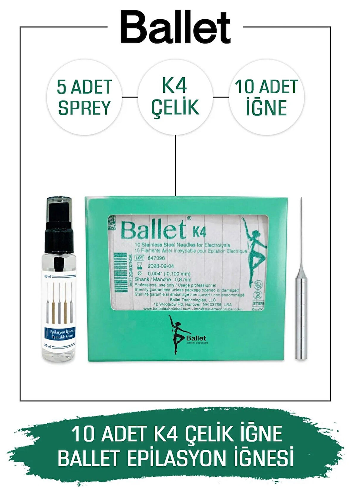 Ballet 10 Adet K4 Gümüş Epilasyon Iğnesi Orijinal K4 Çelik Iğne 