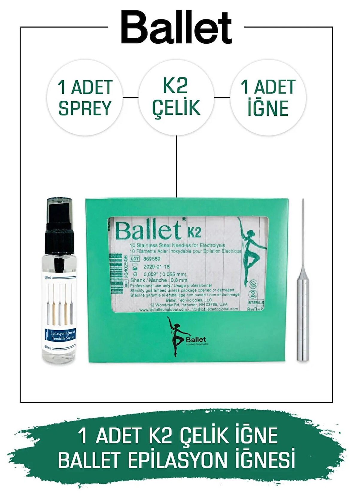 Ballet 1 Adet K2 Çelik Epilasyon Iğnesi Orijinal K2 Gümüş Iğne