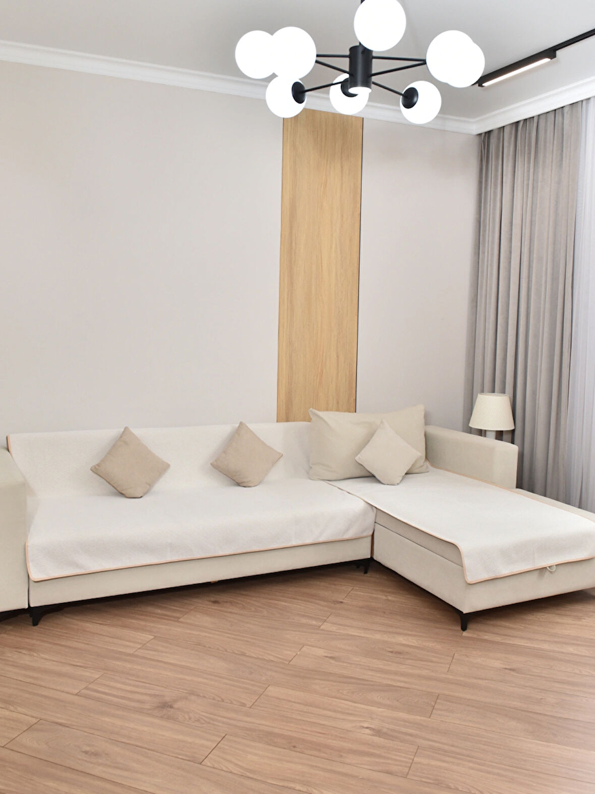 PEDRO Koltuk Örtüsü L Köşe – 90×180 + 180×200 cm – Jakarlı, Bej