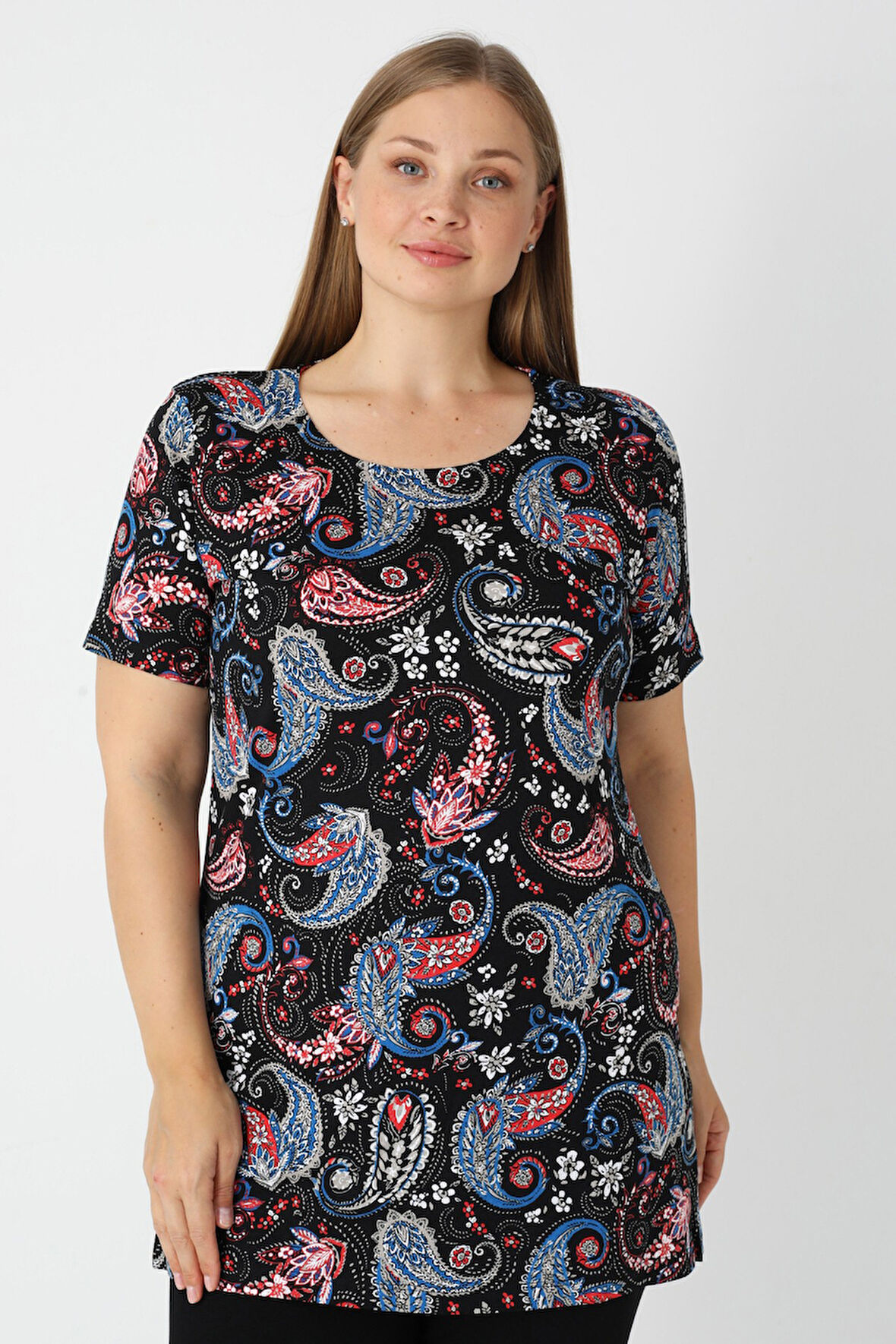 Haki Desenli Kısa Kollu Kadın Büyük Beden Pamuklu T-shirt