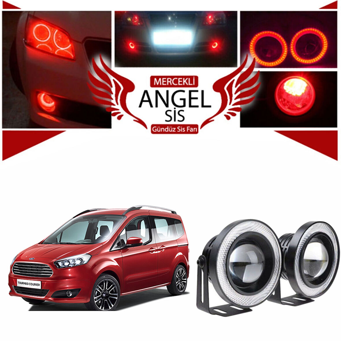 Ford Tourneo Courier Uyumlu, Universal Mercekli Led Angel Sis Farı, 76mm Kırmızı Renk